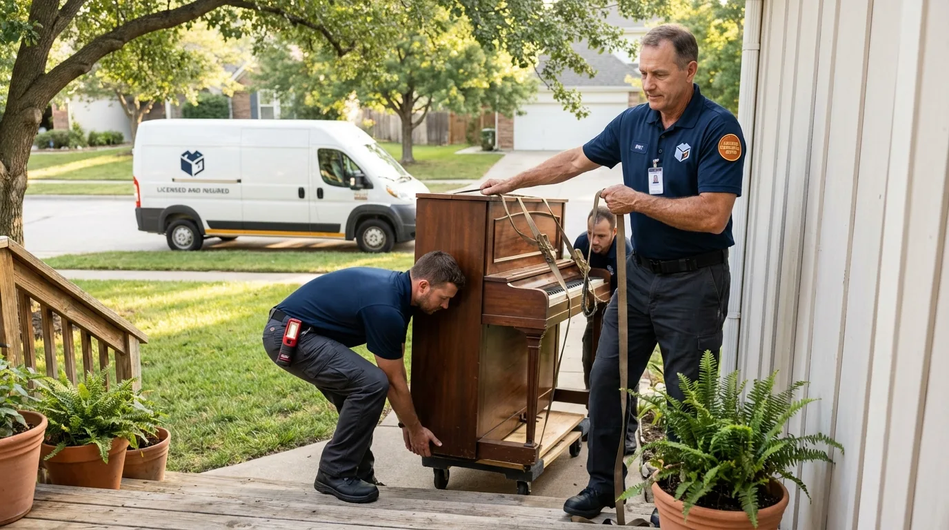 Licensed piano movers securing grand piano in Greentown, IN