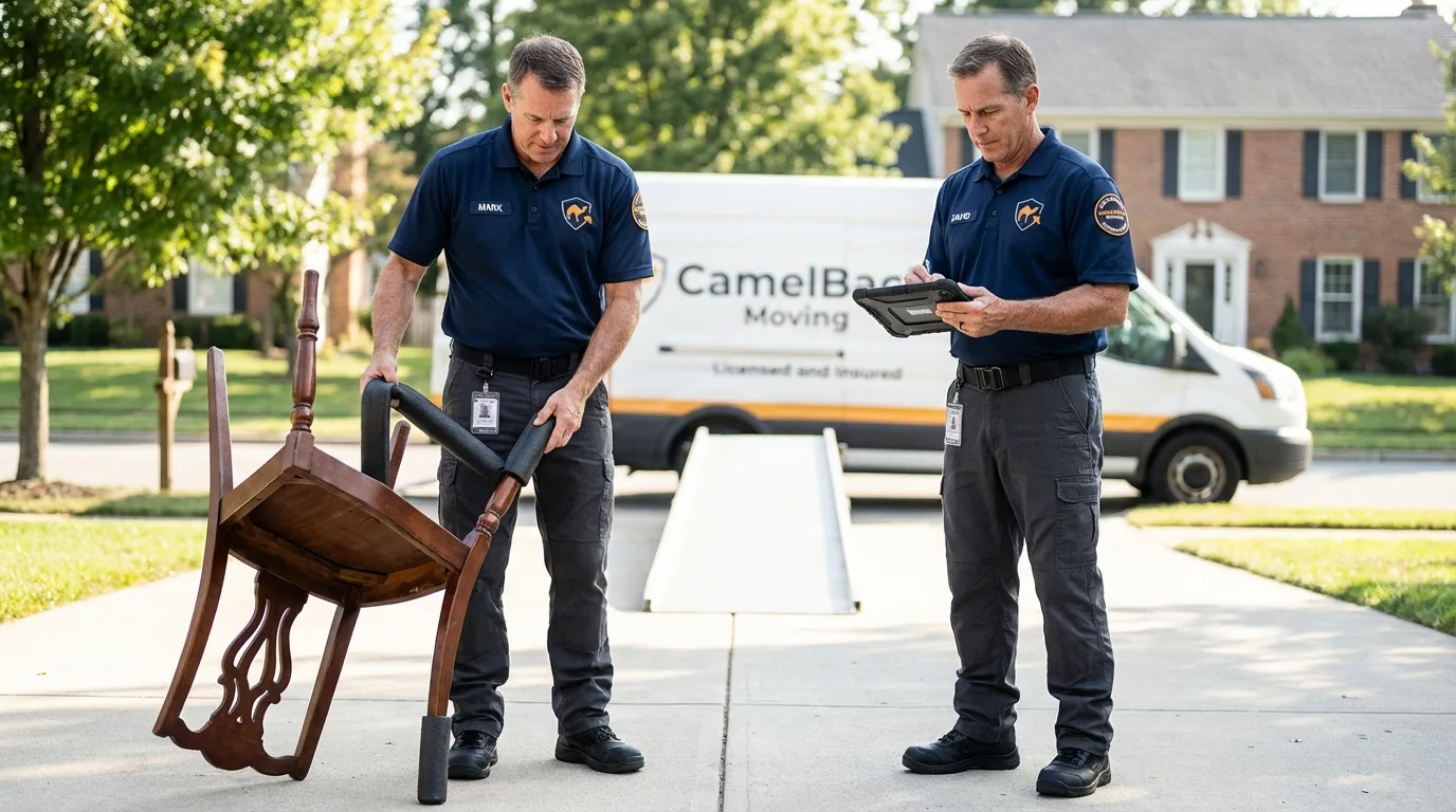 Movers inspecting furniture for damage prevention before loading in Greentown, IN