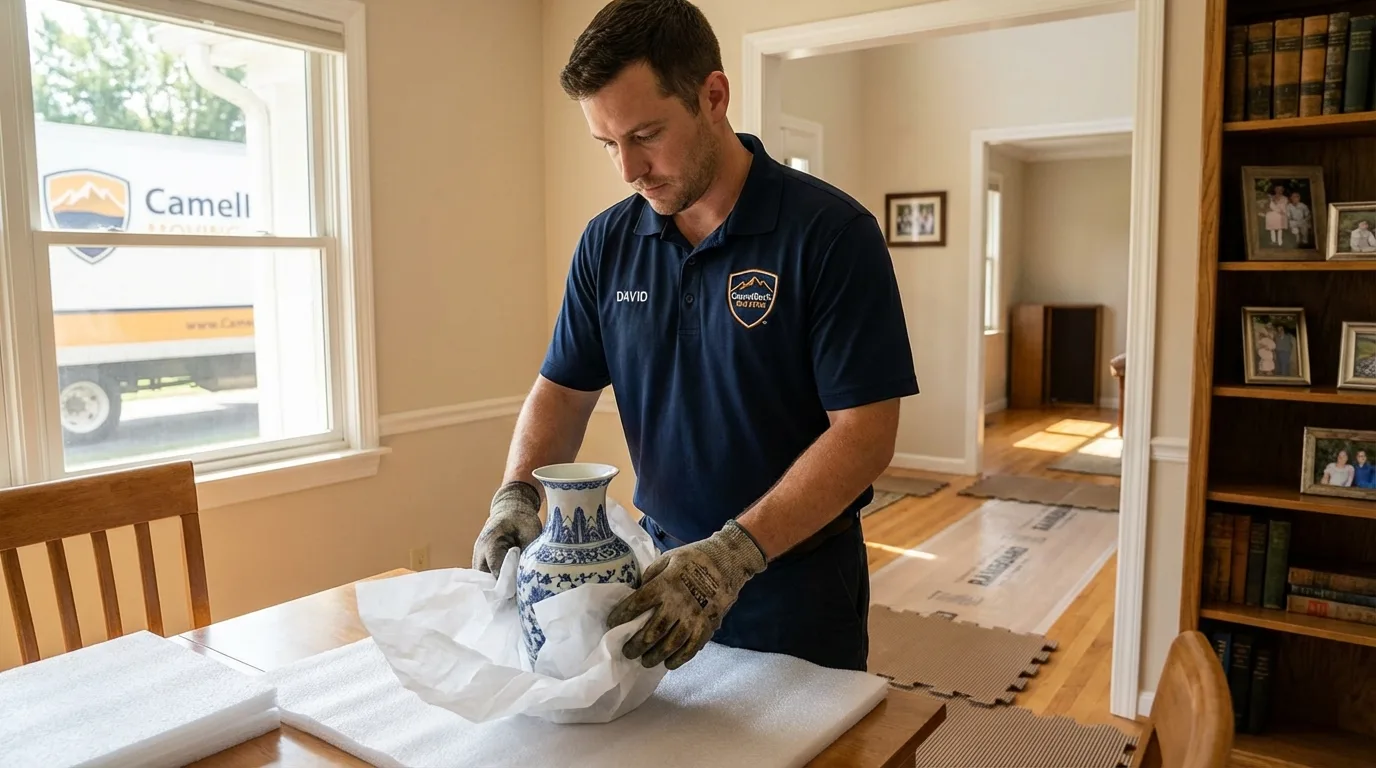Professional crew carefully wrapping antique vase for senior downsizing move in Greentown, IN